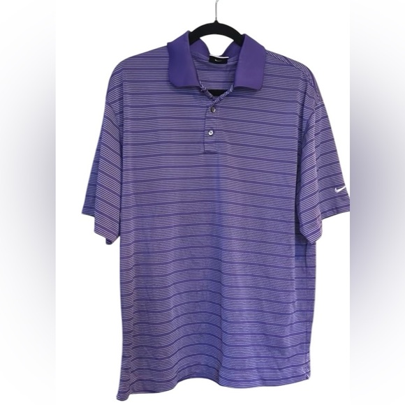 Nike Golf Shirt Mens L Purple Stripe Dri Fit Dry Polo Short Sleeve 3 Button - Picture 1 of 3